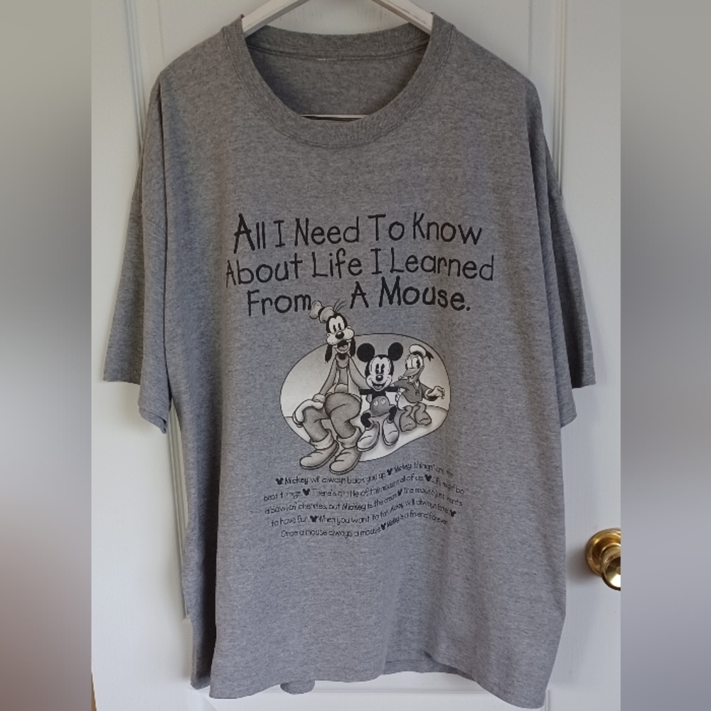 VTG MICKEY, INC "ALL I NEED TO KNOW ABOUT LIFE..." HEATHER GRAY T-SHIRT (2XL)?